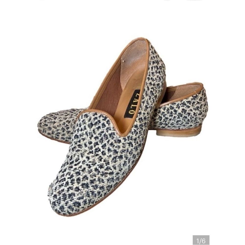 House of Zalo Animal Print Needlepoint Flat Loafers Black/Cream Women’s 8 1/2N